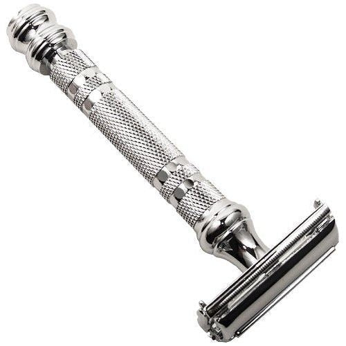 Chrome Parker 66r heavy weight double-edge safety razor with textured handle and polished finish, designed for a close shave.