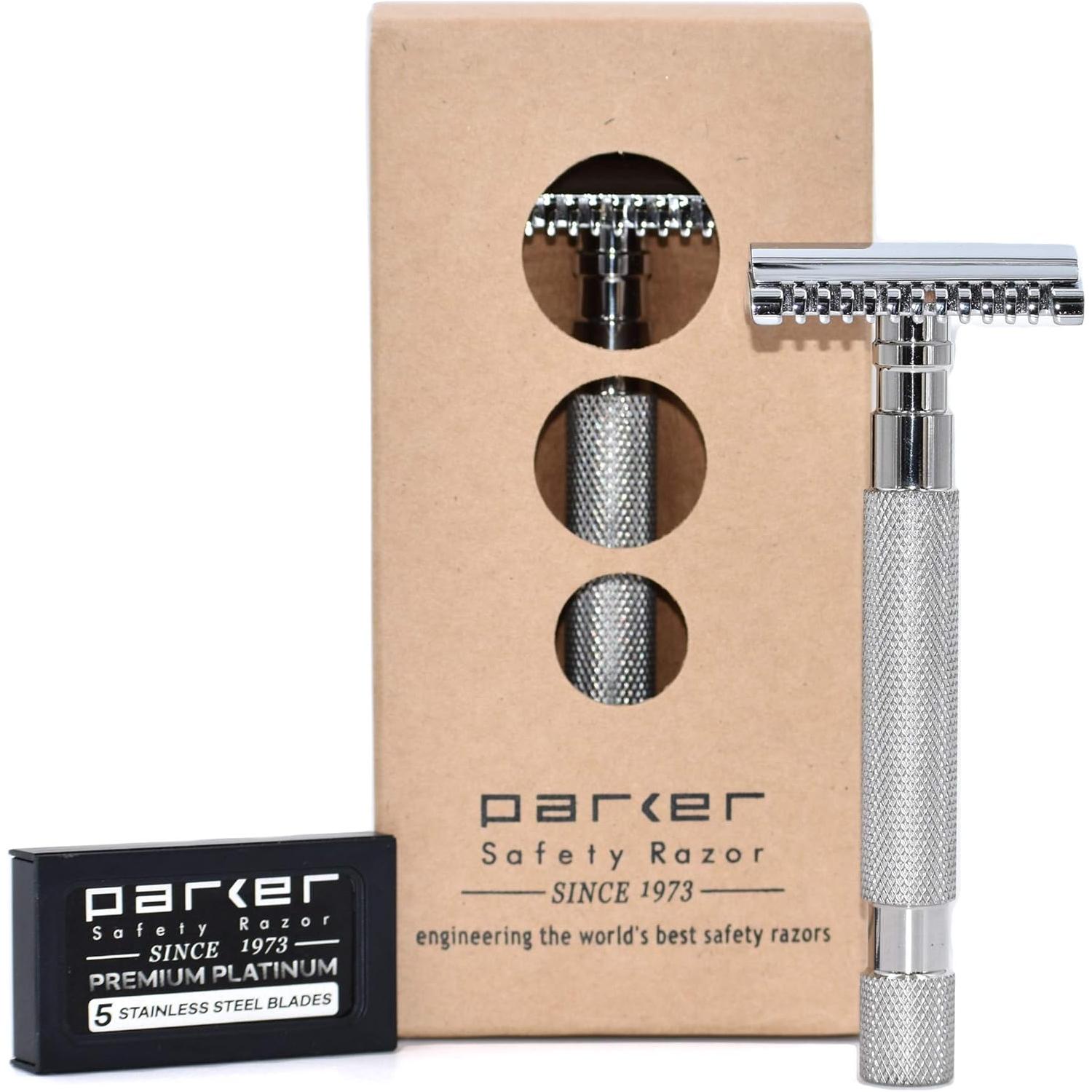 Parker 68S stainless steel safety razor with open comb head and textured handle, designed for a close, smooth shave.
