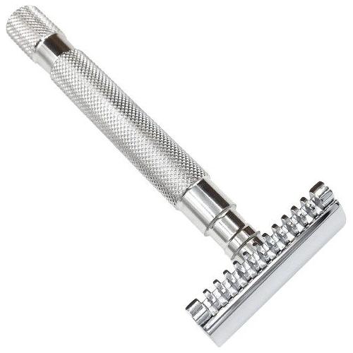 Parker 68S stainless steel safety razor with open comb head and textured handle for a close shave.
