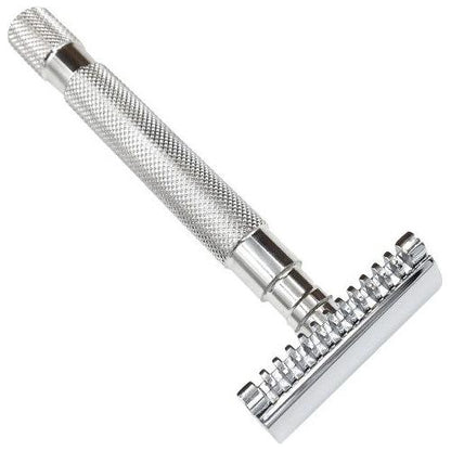 Parker 68S stainless steel safety razor with open comb head and textured handle for a close shave.