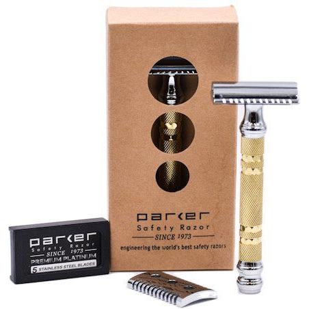Parker 69CR safety razor with open and closed comb plates, featuring a sleek handle and adjustable shaving head.
