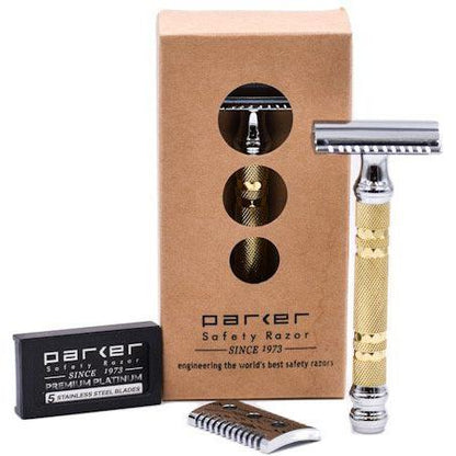 Parker 69CR safety razor with open and closed comb plates, featuring a sleek handle and adjustable shaving head.