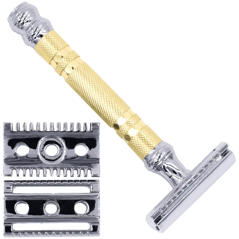 Parker 69CR Convertible Safety Razor with open and closed comb plates, stainless steel handle, and adjustable shaving head.