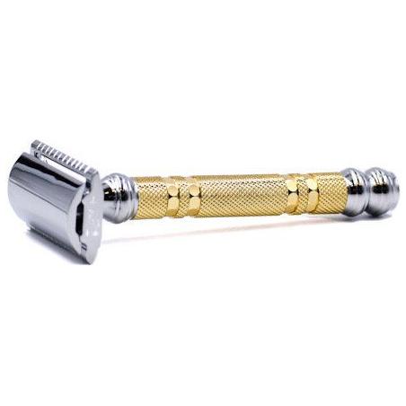 Parker 69CR convertible safety razor with open and closed comb plates, featuring a sleek metal handle and precision shaving head.