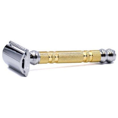 Parker 69CR convertible safety razor with open and closed comb plates, featuring a sleek metal handle and precision shaving head.