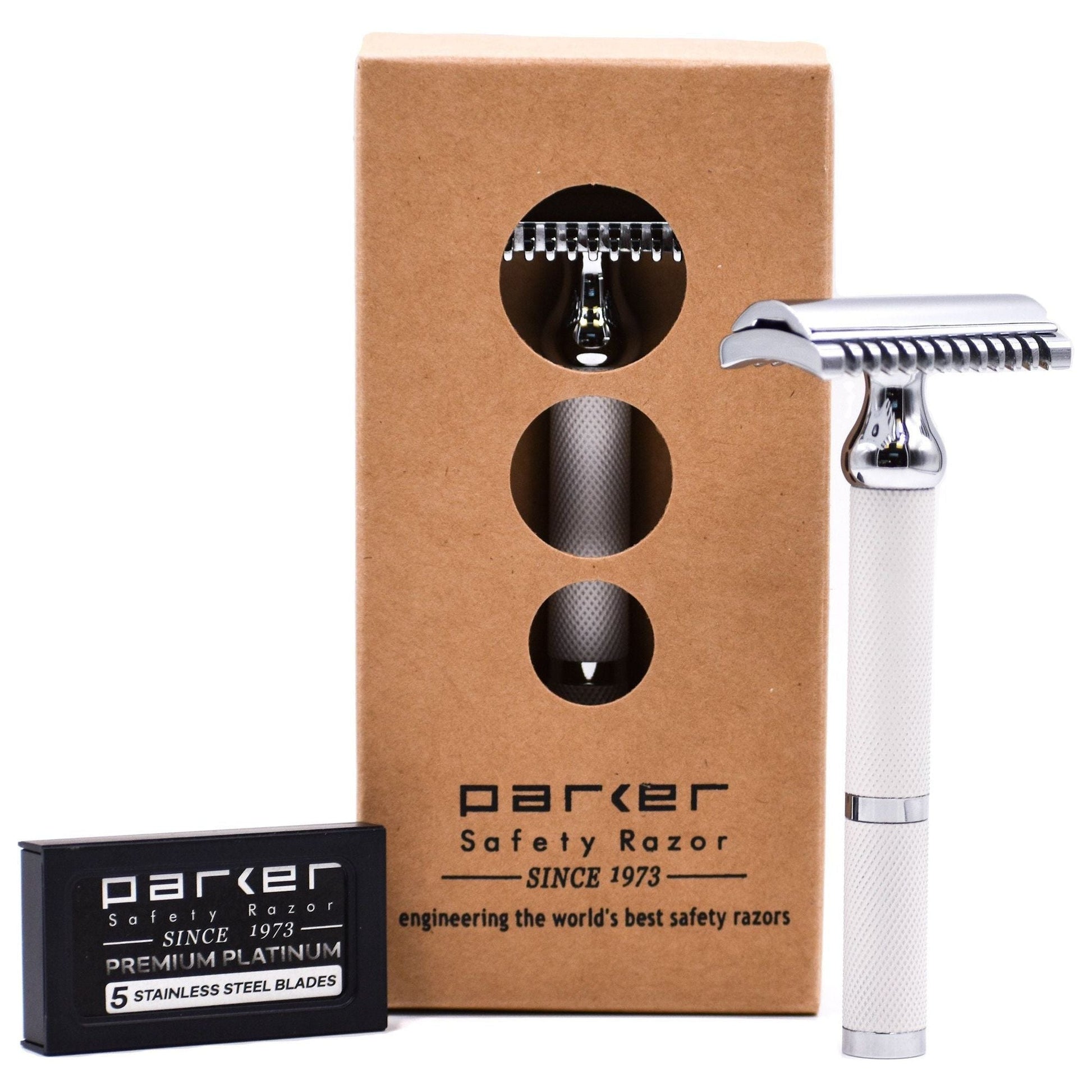 Parker 70C safety razor with white handle and chrome open comb design, suitable for a close, smooth shave.