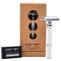 Parker 70C safety razor with white handle and chrome open comb design, suitable for a close, smooth shave.