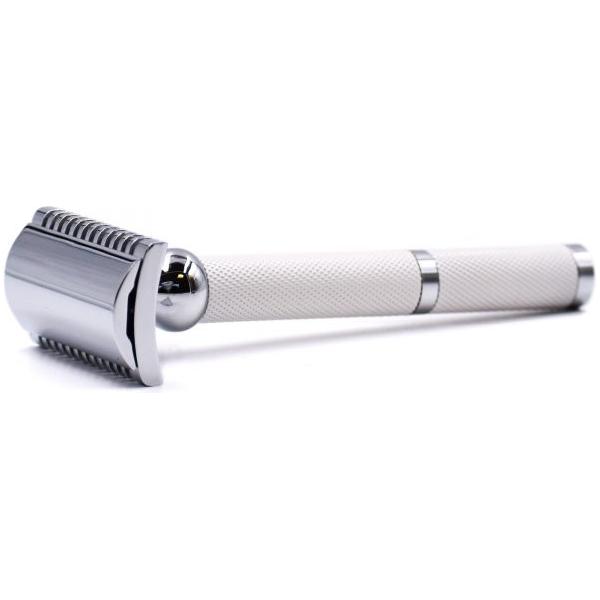 Parker 70C white and chrome open comb safety razor with textured handle and sleek design, ideal for a close, smooth shave.
