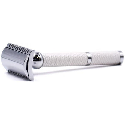 Parker 70C white and chrome open comb safety razor with textured handle and sleek design, ideal for a close, smooth shave.