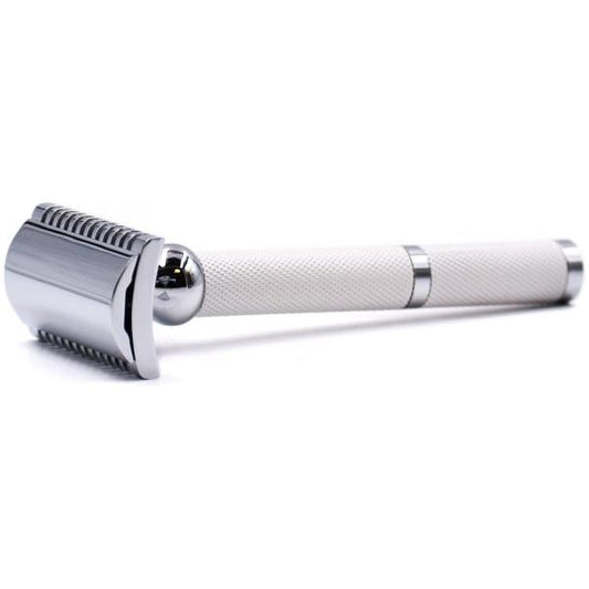 Parker 70C white and chrome open comb safety razor with textured handle and sleek design, ideal for a close, smooth shave.