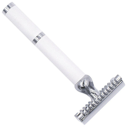 Parker 70C white and chrome open comb safety razor with textured handle and sleek design, ideal for close shave grooming.