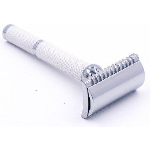 Parker 70C white and chrome open comb safety razor with textured handle and adjustable head for a close shave.