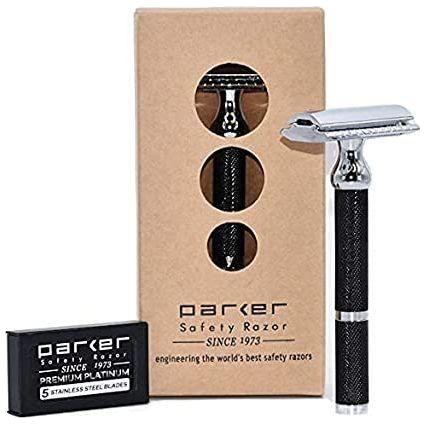 Parker 71R heavyweight three-piece double edge safety razor with chrome finish and textured handle for a secure grip.