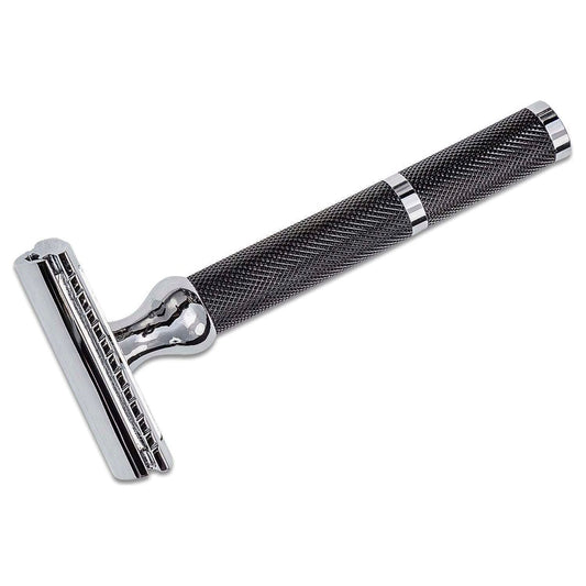 Parker 71R heavyweight three-piece double-edge safety razor with polished metal finish and textured handle.