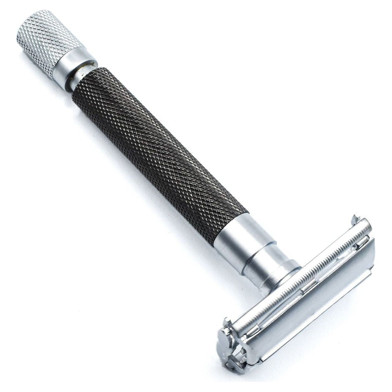 Parker 74R GR safety razor with graphite and satin chrome finish, heavyweight butterfly open design, used for close shaving.