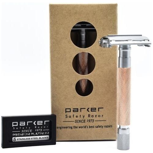 Parker 74R RG safety razor with rose gold and satin chrome finish, heavyweight butterfly open design, detailed close-up shot