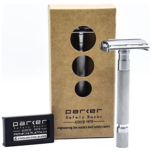 Parker 74R SC satin chrome heavy-duty butterfly open safety razor with textured handle for a secure grip.