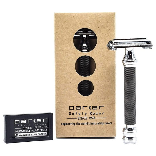 Parker 76R safety razor with heavyweight black and chrome handle, includes five Derby blades.