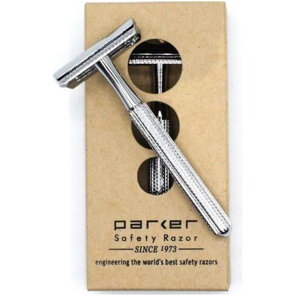 Chrome Parker 78R-CH safety razor with a classic design and textured handle, ideal for a smooth shaving experience.