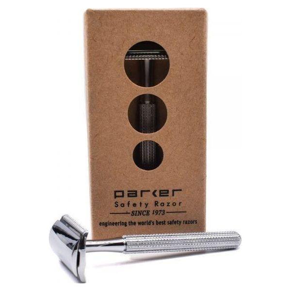Chrome Parker 78R-CH safety razor with textured handle and sleek design, perfect for close shaving.