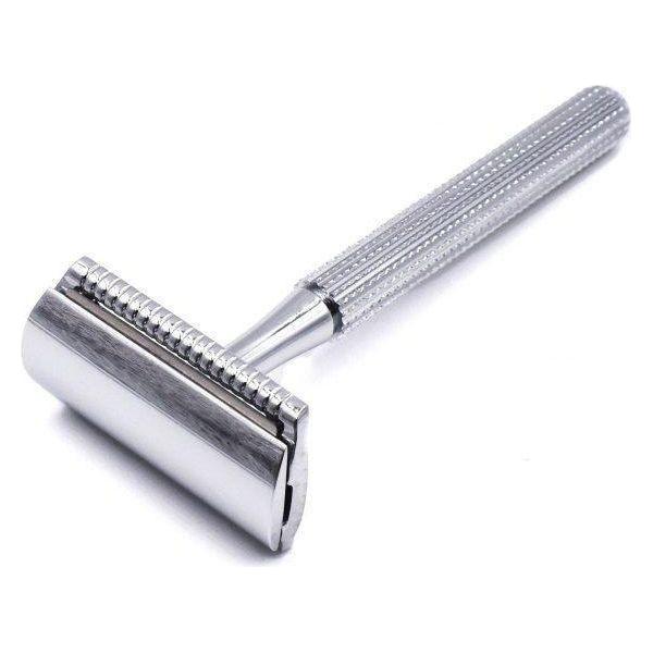 Chrome Parker 78R-CH safety razor with textured handle and safety guard, designed for a close, smooth shave.