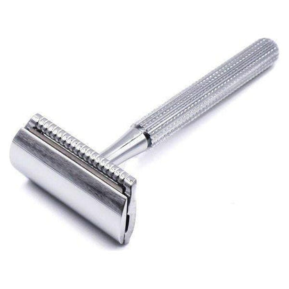 Chrome Parker 78R-CH safety razor with textured handle and safety guard, designed for a close, smooth shave.