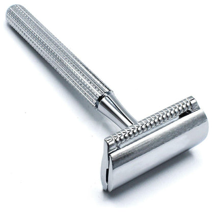 Chrome Parker 78R-CH safety razor with textured handle and polished head, designed for close, smooth shaves.