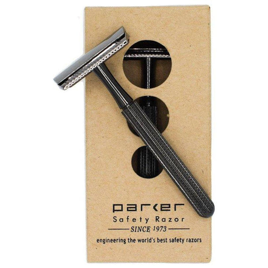 Parker 78R-GR graphite safety razor with textured handle and closed comb head, designed for a close, comfortable shave.