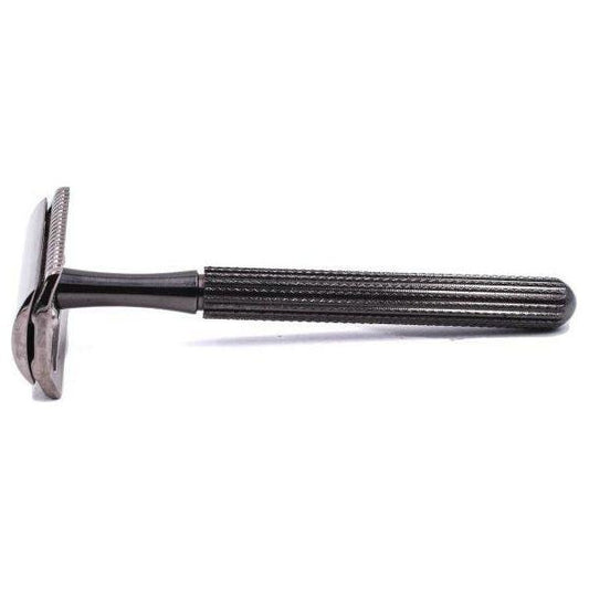 Parker 78R-GR graphite safety razor with textured handle and chrome accents, shown from a side angle.