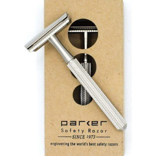 Parker 78R-SC Satin Chrome Safety Razor with textured handle and safety guard, designed for a close, smooth shave