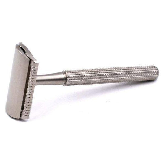 Parker 78R-SC satin chrome safety razor with textured handle and closed comb head, designed for a smooth shave.