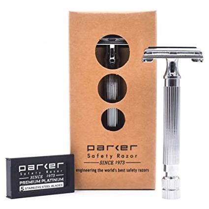 Parker 82R Super Heavyweight Butterfly Open Double Edge Safety Razor with chrome finish and textured handle for a secure grip.