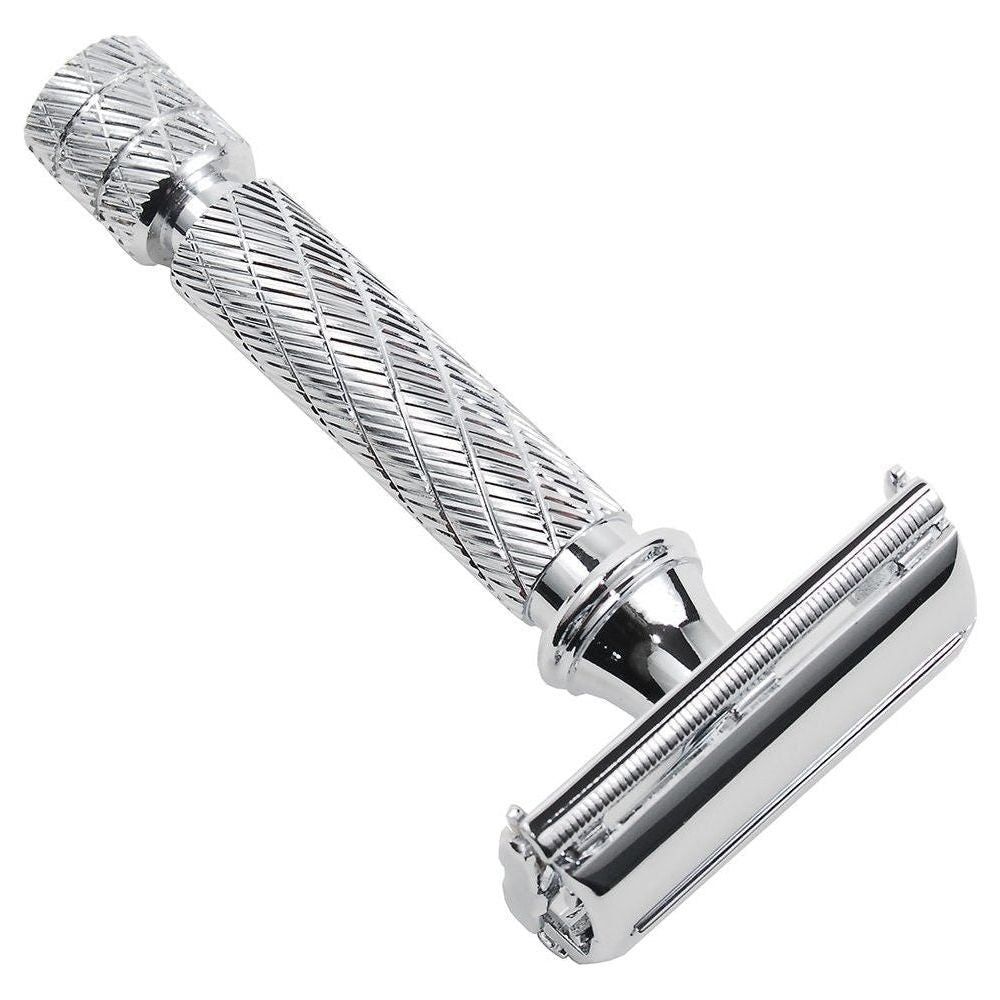 Parker 87R short handle safety razor with stainless steel head and textured handle for a secure grip.