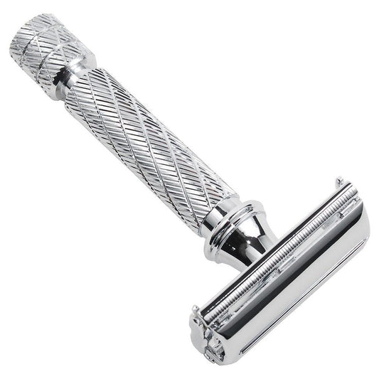 Parker 87R short handle safety razor with stainless steel head and textured handle for a secure grip.