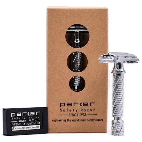 Parker 87R safety razor with short handle and polished metal finish, designed for a close, comfortable shave.