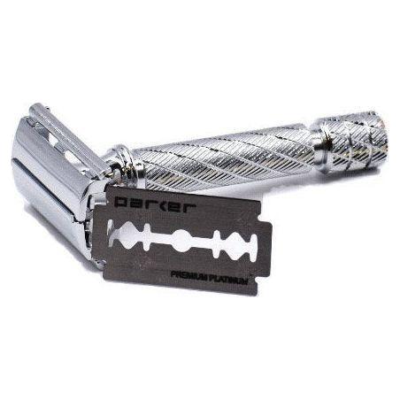 Parker 87R Short Handle Safety Razor with chrome finish, showcasing its sleek design and textured grip for precise shaving.