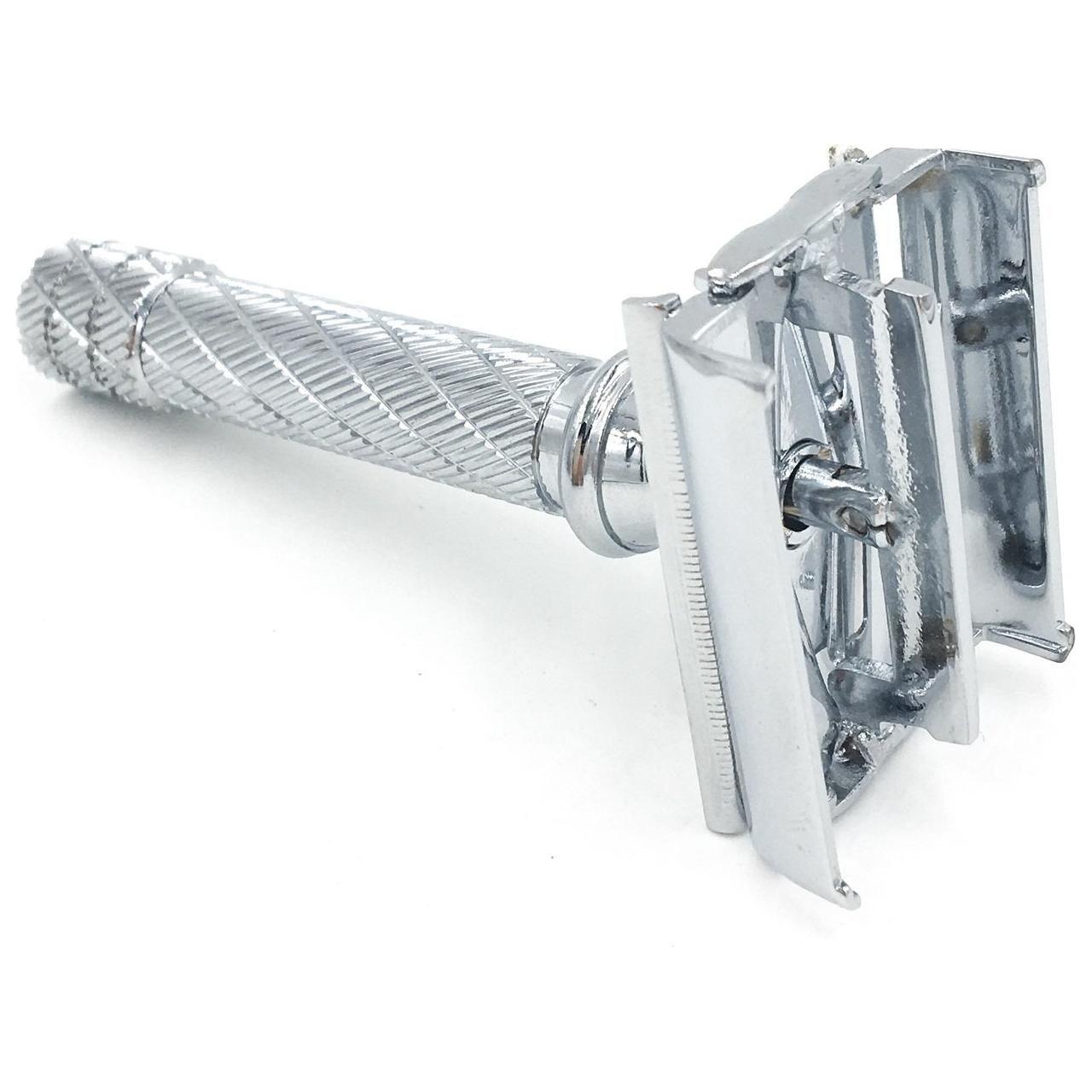 Parker 87R short handle safety razor with polished chrome finish, featuring a classic double-edge design and textured grip.