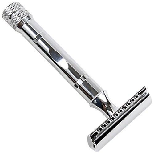 Parker 89r three-piece safety razor with metal handle and polished chrome finish, designed for a close, smooth shave.