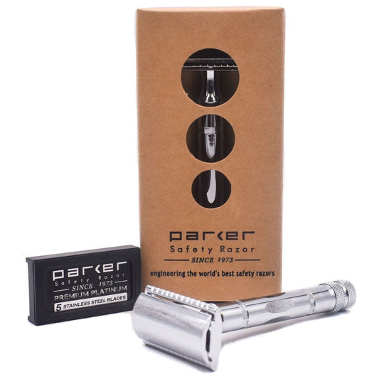 Parker 89r three-piece safety razor with stainless steel handle and polished chrome finish, displayed on a white background.
