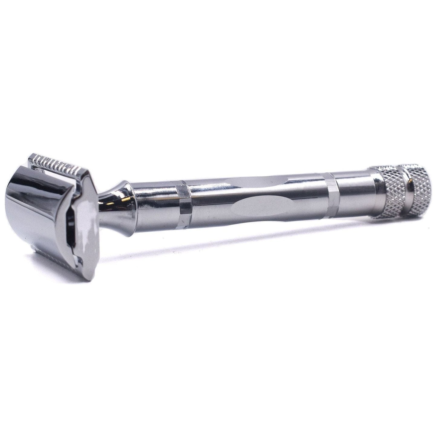 Parker 89r three-piece safety razor with polished chrome handle and head, ideal for a close, smooth shave.