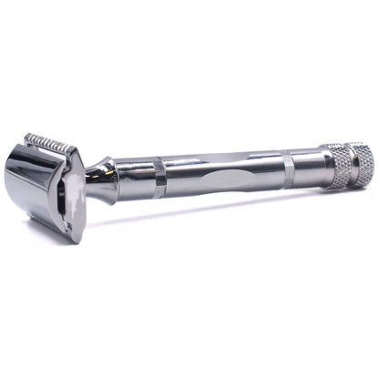 Parker 89r three-piece safety razor with polished chrome handle and head, ideal for a close, smooth shave.
