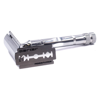 Parker 89R three-piece safety razor with polished chrome finish and textured handle for a secure grip, designed for a close shave.