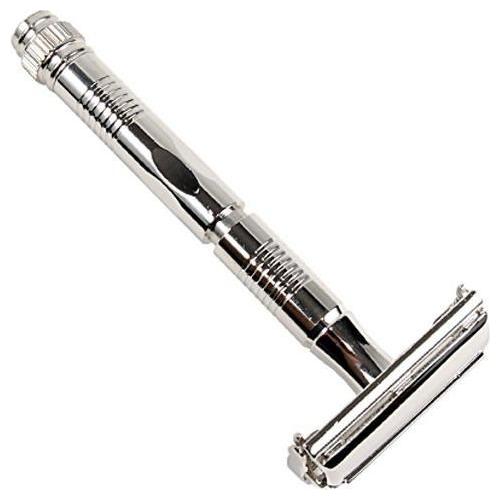 Parker 90R long handle double-edge safety razor with polished chrome finish, showcasing its sturdy handle and classic safety razor design.