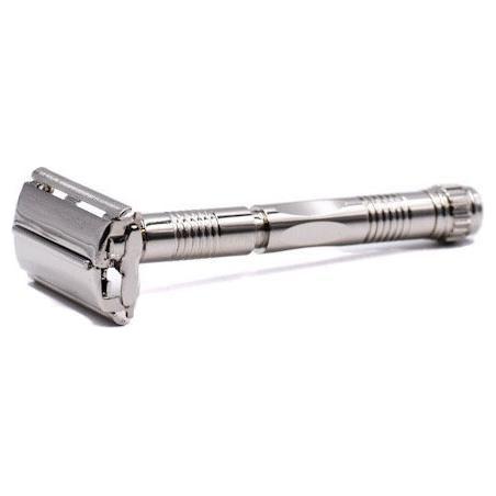 Parker 90R long handle double-edge safety razor with polished metal finish, designed for a close, smooth shave.