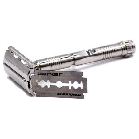 Parker 90R long handle double-edge safety razor with a polished metal finish, shown from a side angle.