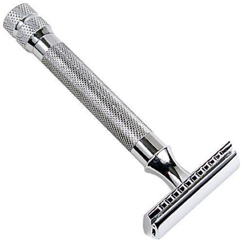 Parker 91R Super Heavyweight Double Edge Safety Razor with a polished metal handle and classic safety razor design.
