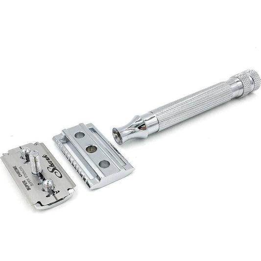 Parker 91R Super Heavyweight Double Edge Safety Razor with polished chrome handle and classic safety razor head.