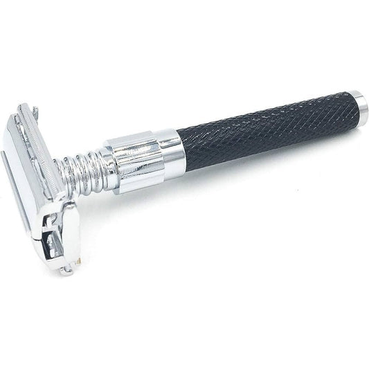 Parker 92R heavyweight butterfly double edge safety razor with chrome finish and textured handle for a secure grip.