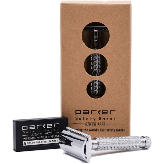 Parker 94R safety razor with a classic length handle and chrome finish, designed for a close, smooth shave.