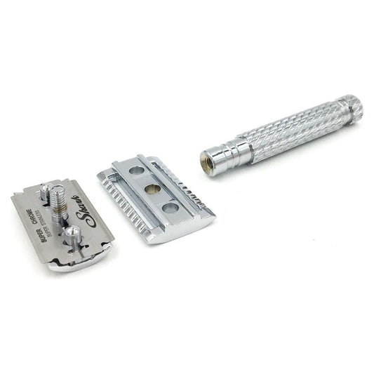 Parker 94R Classic Length Handle Safety Razor with chrome finish, close-up of the safety razor with textured handle and straight blade edge.